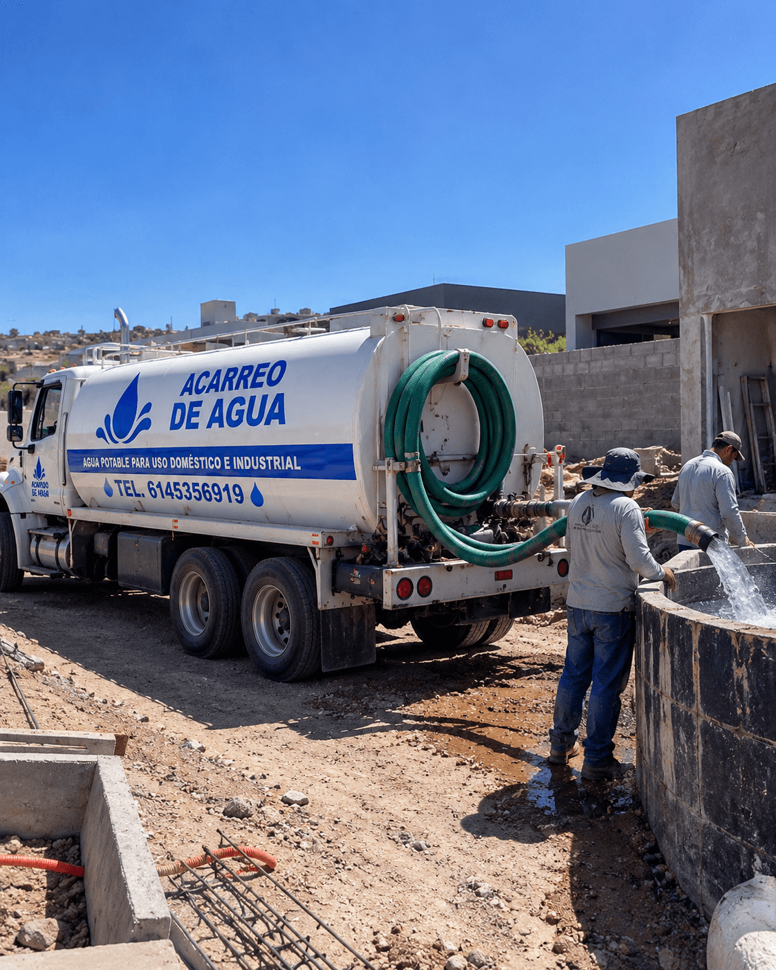 Pipa abasteciendo agua para construcción mediante manguera